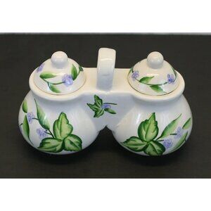 VTG Double Ceramic Condiment Jar Set w Lids Floral DesignPac 7oz Each 1990s GUC